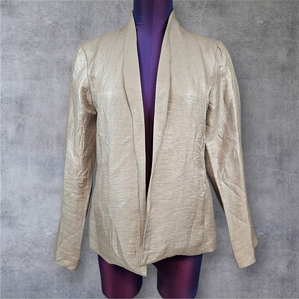 Eileen Fisher XS Metallic Gold Linen Blend Open Front Blazer Luxury M10